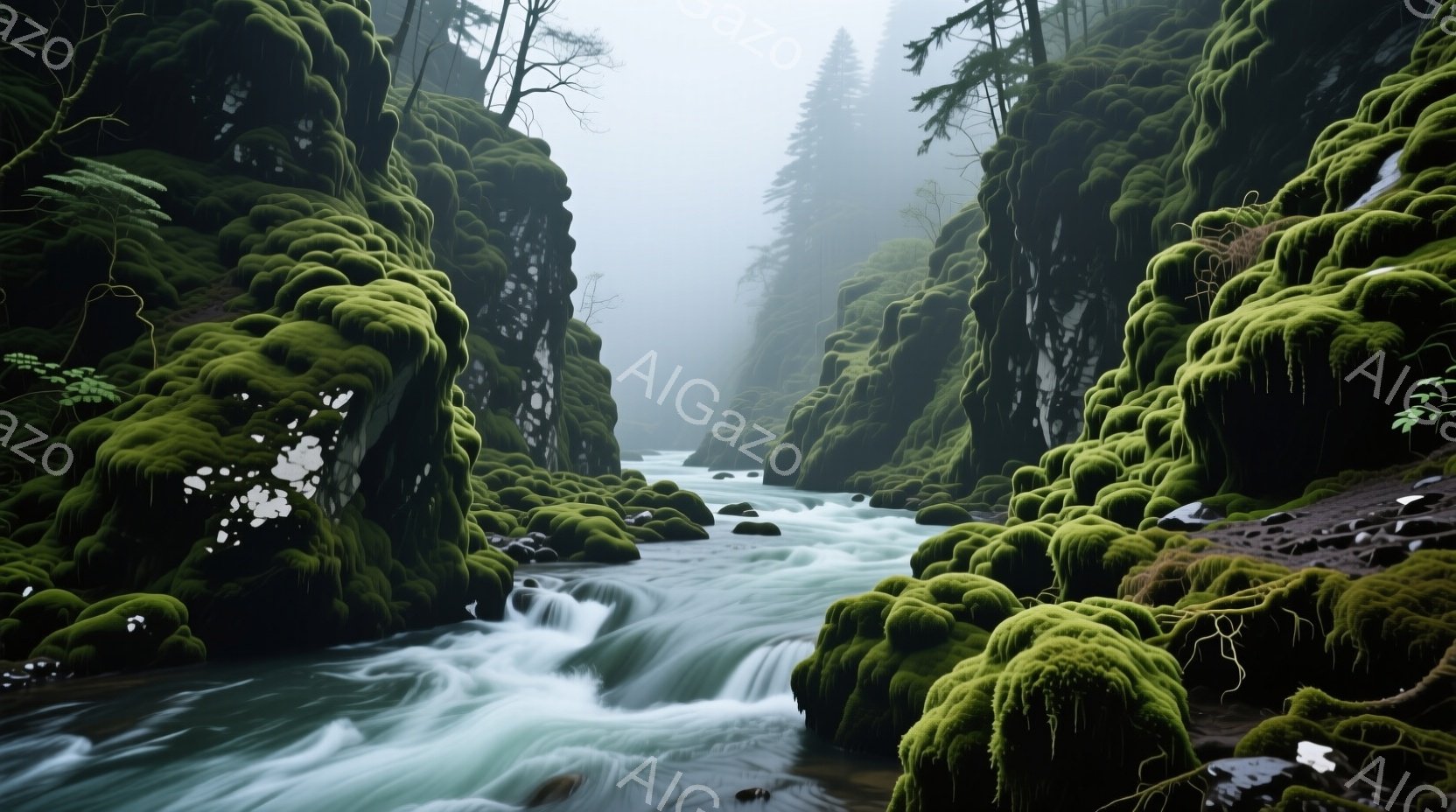 緑豊かな苔が覆う岩壁に挟まれた、激しい流れの川が印象的な風景です。霧が立ち込め、深い森が背景に見え、全体的に神秘的で静寂な雰囲気が漂います。水の流れは力強く、自然の生命力を感じさせる光景です。