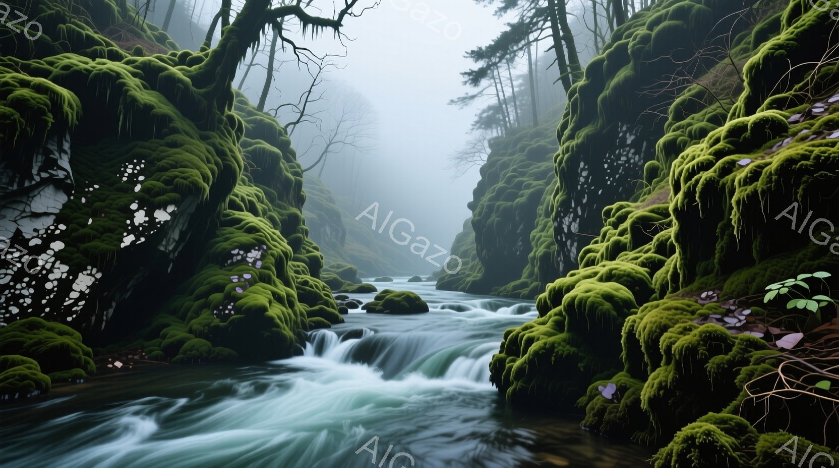 鬱蒼とした緑の苔に覆われた岩壁に囲まれた渓流が写っている。水は岩の間を流れ落ち、白く泡立ち、周囲の暗い森とのコントラストを際立たせている。全体的に湿った空気と静寂が感じられ、神秘的で穏やかな雰囲気を醸し出している。