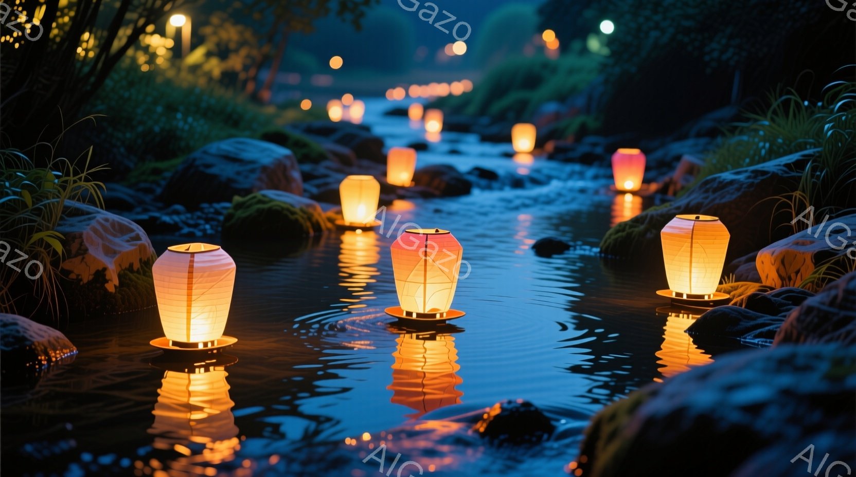 夜の小川に、オレンジ色の灯籠が静かに浮かび、水面に揺れる光が幻想的な雰囲気を醸し出しています。 周囲は岩や緑豊かな植物に囲まれ、夜空にはほのかな光が見え、自然と灯籠の光が調和した穏やかな情景です。 静 - AI生成フリー素材