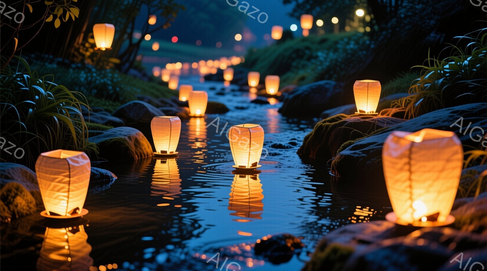 静かな小川に無数の提灯が灯されており、水面に暖かな光が反射して幻想的な光景を作り出している。提灯は川の流れに沿って配置され、周囲には緑豊かな植物が生い茂り、夜の静寂と提灯の優しい光が調和した、穏やかで - AI生成フリー素材