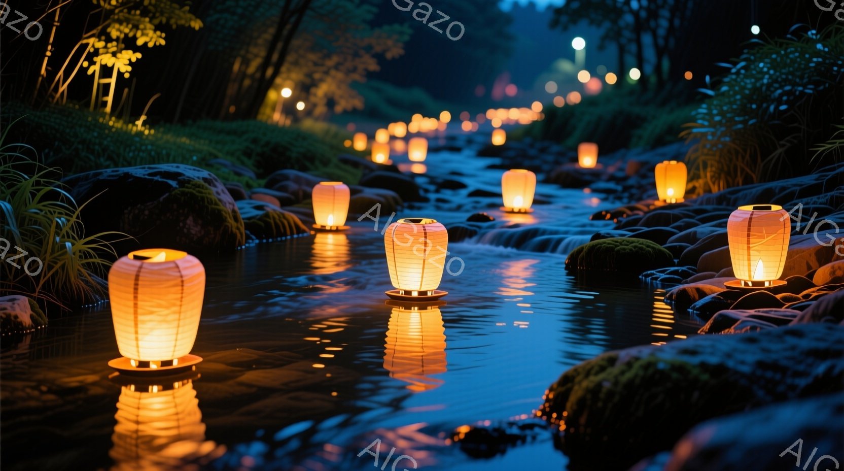 澄んだ流れの中に、無数の提灯が浮かび、幻想的な光景を作り出している。提灯の光は水面に揺らめき、周囲の緑豊かな自然を照らし出している。夜空は暗く、静寂に包まれ、まるで別世界に迷い込んだような雰囲気が漂う - AI生成フリー素材