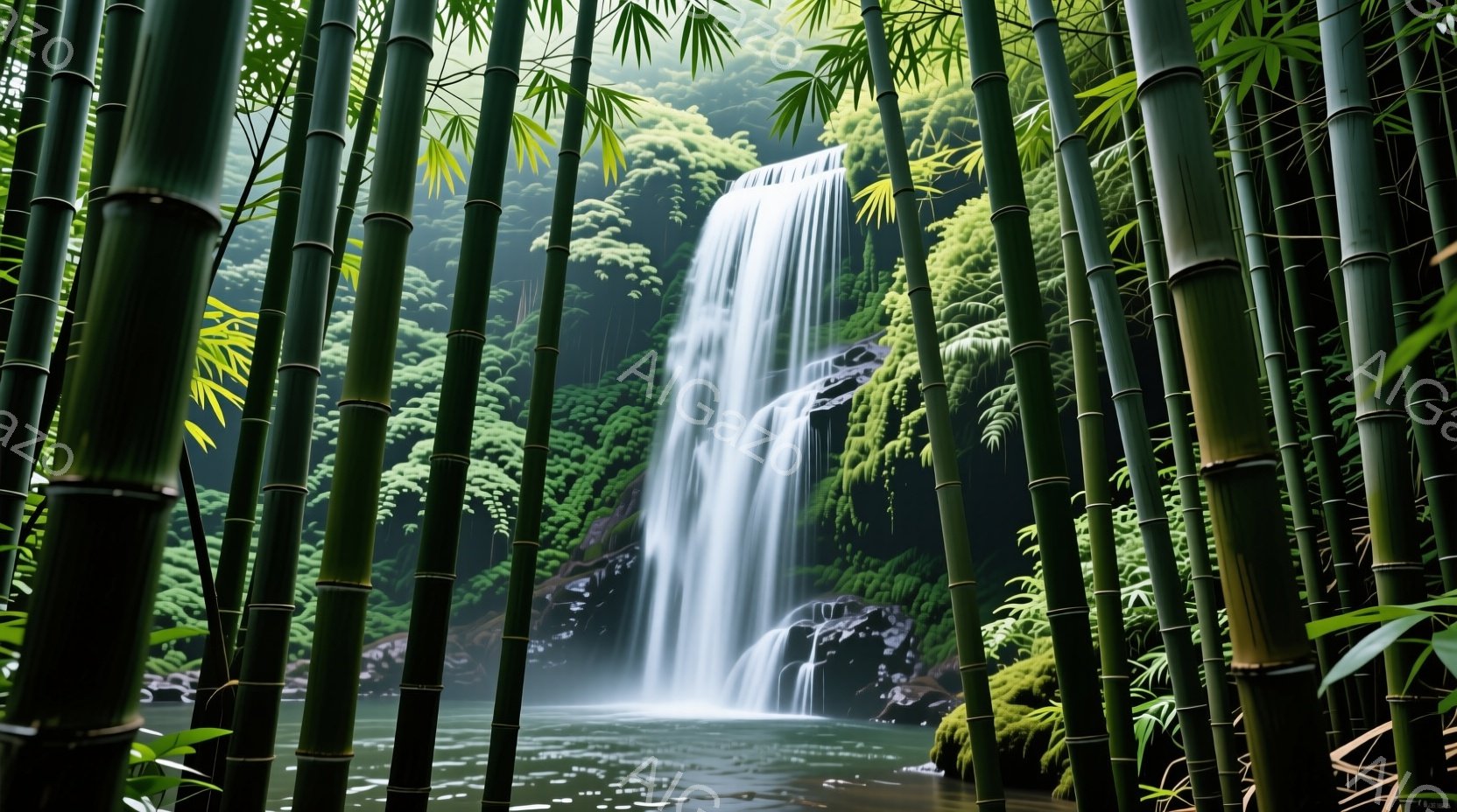 鬱蒼とした竹林の中に、白い水の流れが美しい滝が描かれています。滝の水は岩場を流れ落ち、静かな水面を作り出しており、周囲の緑豊かな自然と調和しています。全体的に穏やかで神秘的な雰囲気が漂い、自然の静寂と美しさを感じさせます。