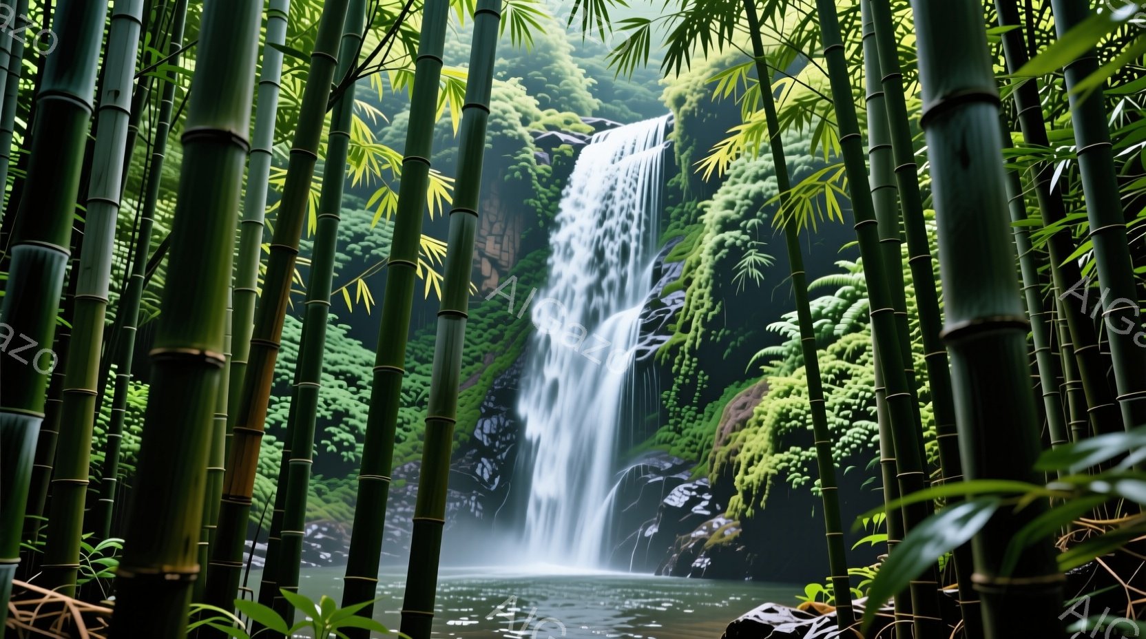 鬱蒼とした竹林の中に、力強い滝が流れ落ちる風景が描かれている。滝の水は岩場を流れ落ち、静かな水面へと流れ込んでいる。背景には緑豊かな植物が広がり、神秘的で静寂な雰囲気を醸し出している。 - AI生成フリー素材