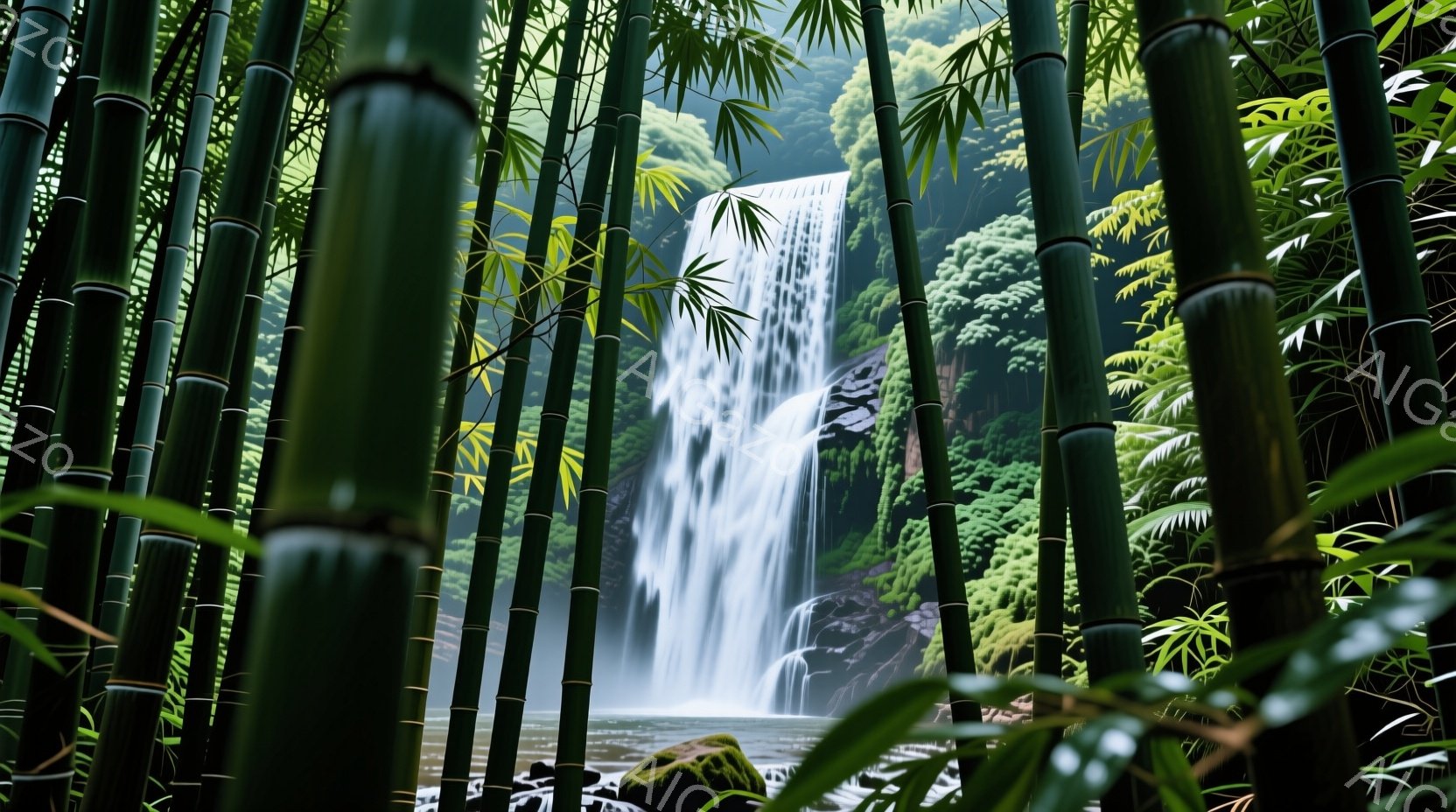 緑豊かな竹林の中に、白い水の流れ落ちる滝が見える。滝は岩肌を流れ落ち、水しぶきが光を受けて輝いている。背景は深い緑に包まれ、静かで穏やかな、神秘的な雰囲気を醸し出している。 - AI生成フリー素材