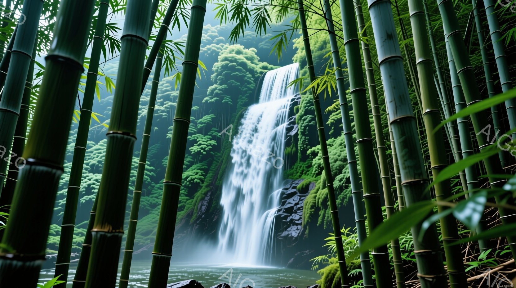 鮮やかな緑色の竹林が前景を占め、奥には白い水の流れが力強く滝となって落ちている。滝の周囲には緑豊かな植物が生い茂り、霧が立ち込めて幻想的な雰囲気を醸し出している。全体的に、自然の美しさと静寂が感じられる、穏やかで神秘的な光景である。