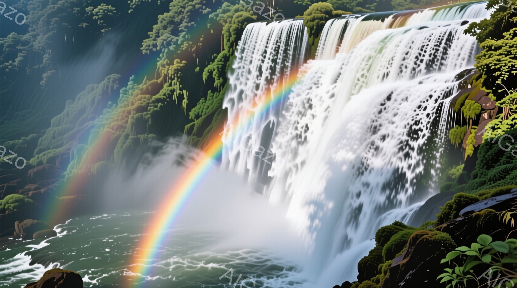 巨大な滝が力強く流れ落ち、水しぶきが太陽光に照らされて虹を生み出している。滝の周囲は緑豊かな植生で覆われ、生命力に満ち溢れている。霧が立ち込め、神秘的な雰囲気を醸し出している。