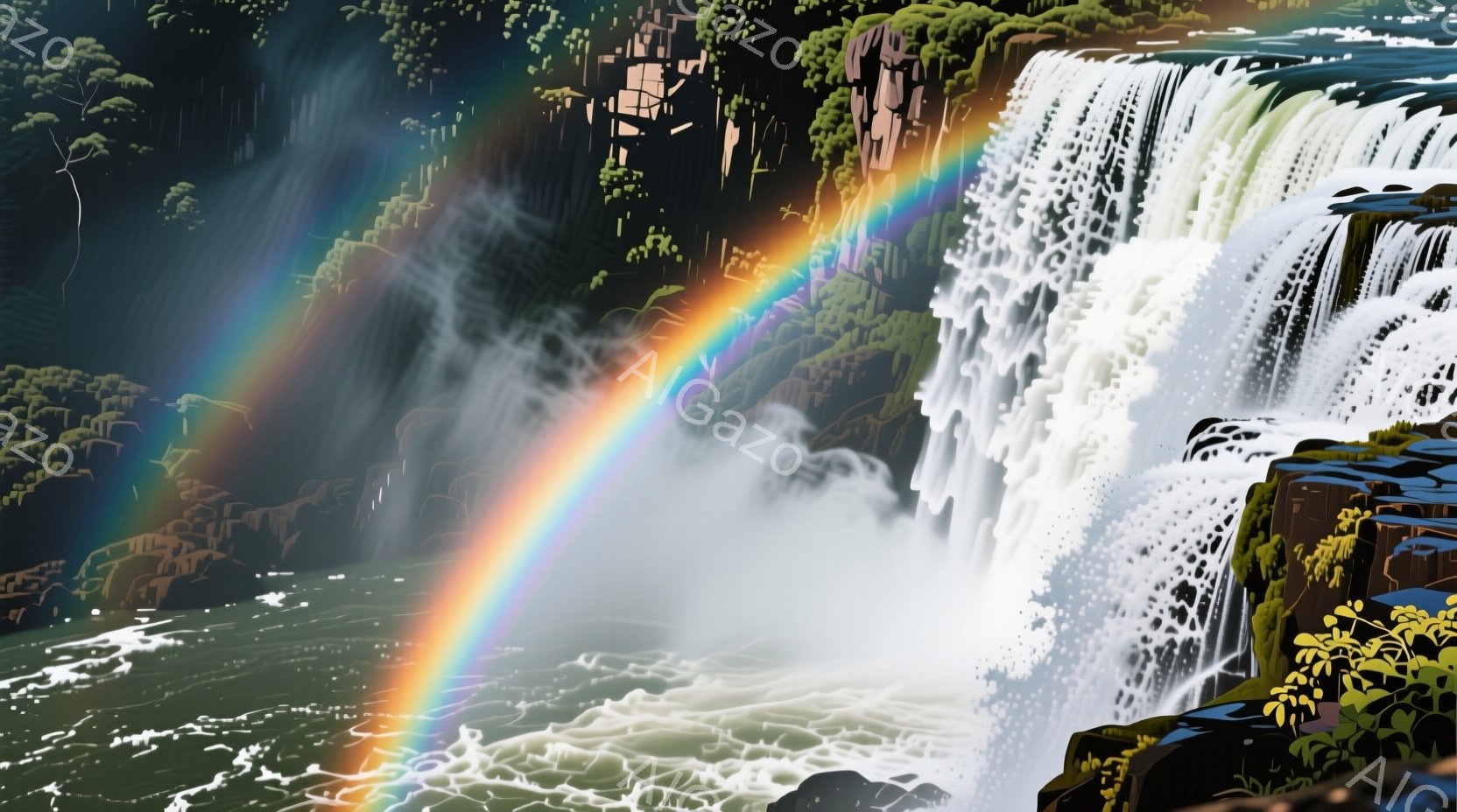 巨大な滝が力強く流れ落ち、水しぶきが太陽光を反射して虹を作っています。滝の周囲には緑豊かな植物が生い茂り、ダイナミックで自然のエネルギーに満ちた光景が広がっています。水面は泡立ち、滝の轟音が聞こえてき - AI生成フリー素材