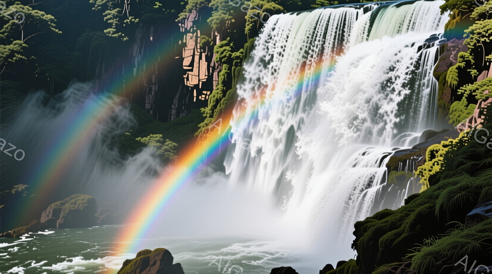 巨大な滝が力強く流れ落ち、水しぶきが舞い上がり虹を生み出している。周囲には緑豊かな岩肌と植物が生い茂り、水面には滝壺からの泡が広がっている。全体的に、自然の雄大さと生命力に満ちた、畏敬の念を抱かせる光 - AI生成フリー素材