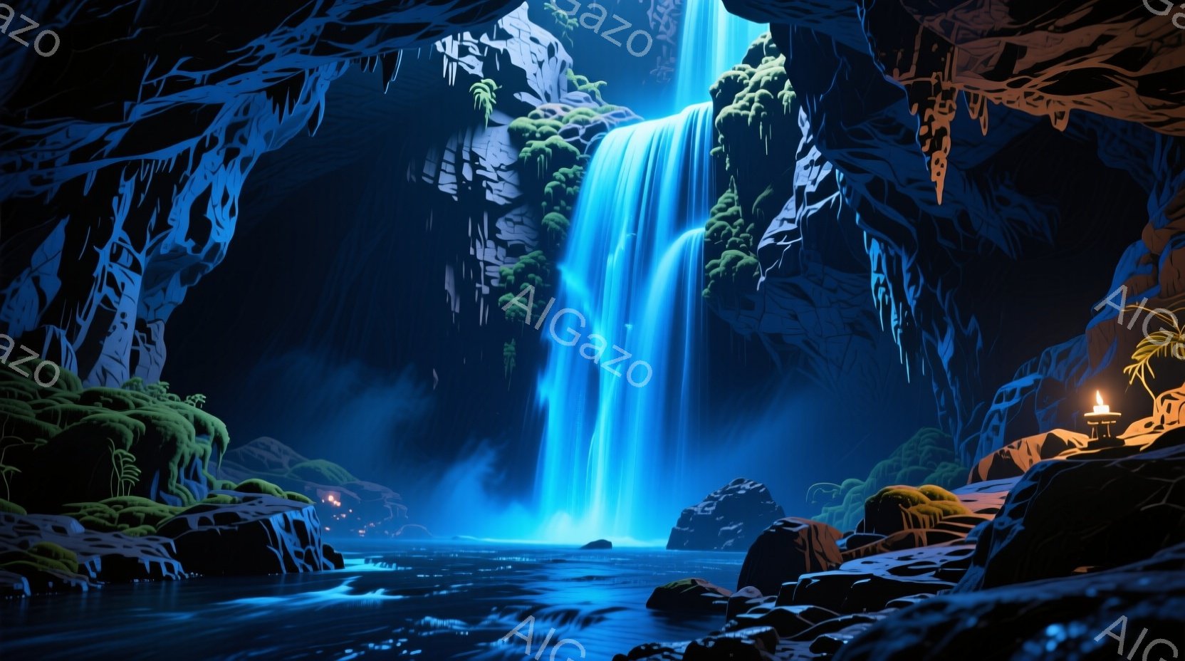 深い洞窟内に青く輝く滝が流れ落ち、水面には光の粒子が煌めいている。洞窟内には緑の苔むした岩や、遠くに灯りの灯る小さな建造物が点在し、神秘的な雰囲気を醸し出している。全体的に青と緑を基調とした色彩と、幻 - AI生成フリー素材