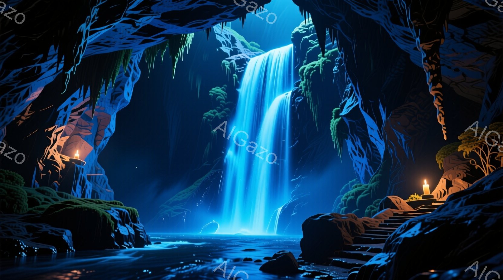 洞窟内に水が流れ落ちる幻想的な光景が広がっている。青く輝く滝は神秘的な雰囲気を醸し出し、周囲の岩肌や緑を照らしている。洞窟内には石段があり、ろうそくの灯りが仄かに光を灯し、静寂で神聖な空間を演出してい - AI生成フリー素材