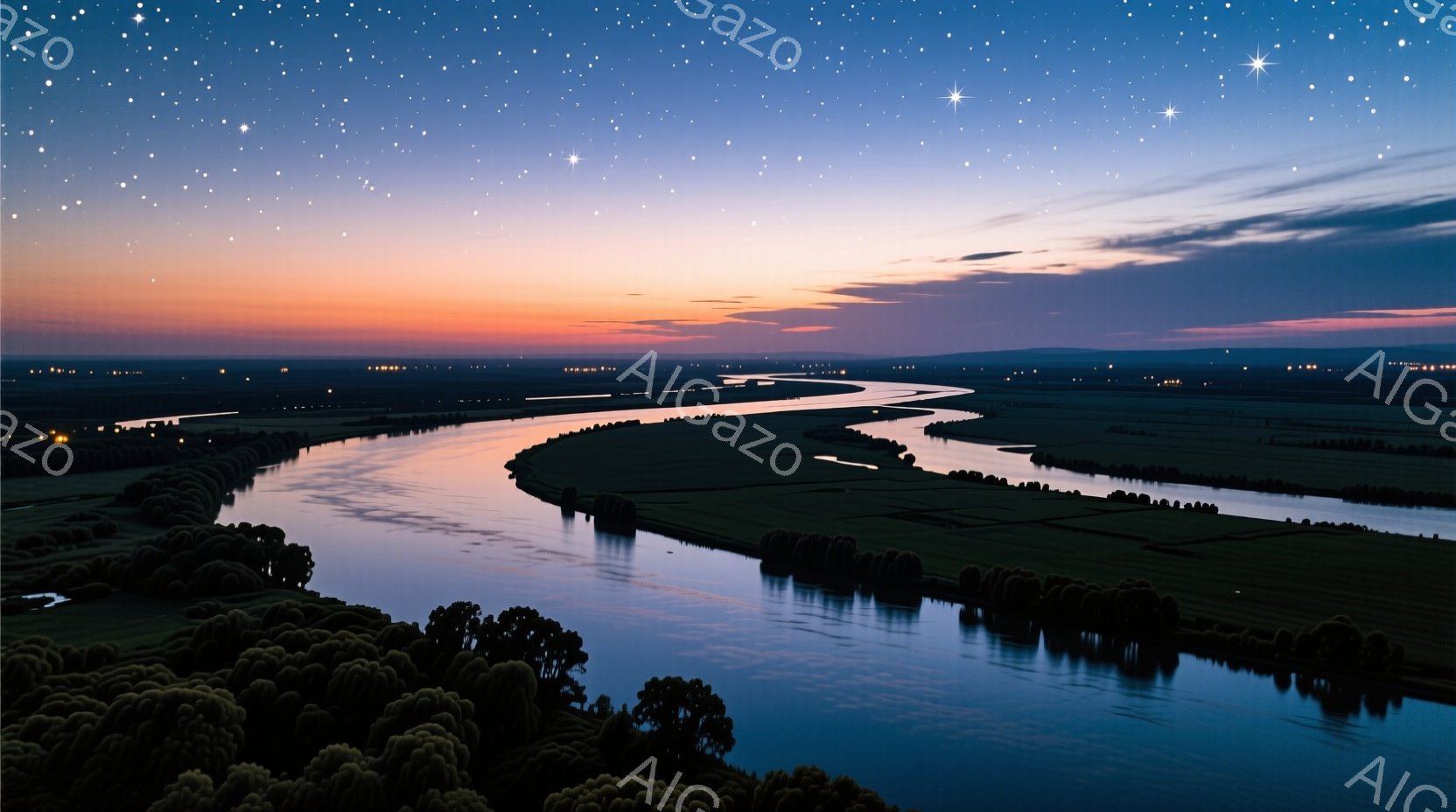 広大な平原を蛇行する川が印象的な風景です。夕暮れ時の空はオレンジ色から紫色へとグラデーションを描き、水面に反射して美しい光景を作り出しています。周囲には緑豊かな植生が広がり、遠くには薄く山並みが見え、 - AI生成フリー素材