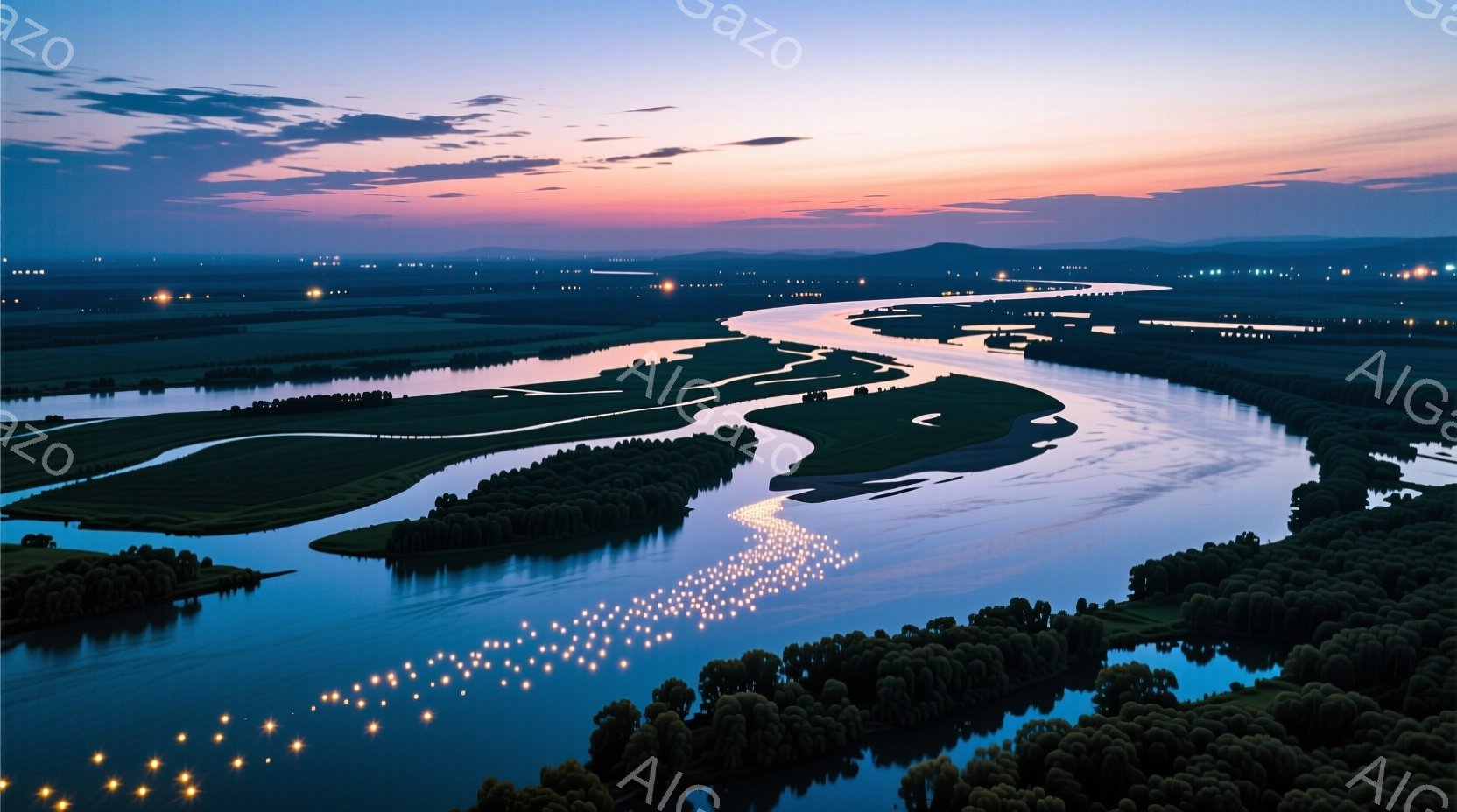 蛇行する川が、緑豊かな低地を縫うように流れており、夕暮れ時の空が鮮やかなオレンジ色と紫色に染まっている。川面には無数の光が散らばり、まるで星空が水面に映り込んでいるかのような幻想的な光景を作り出してい - AI生成フリー素材