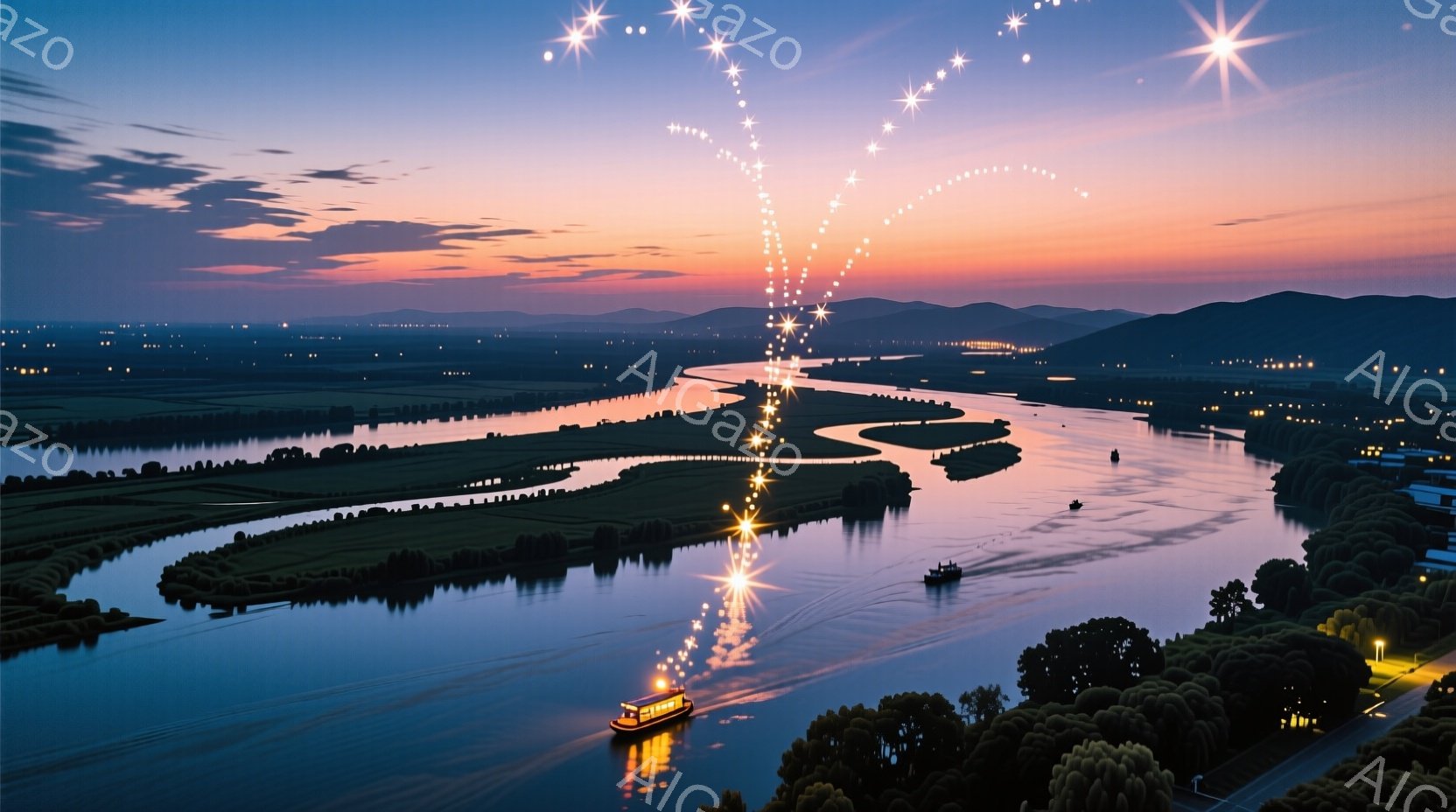 夜明け前の薄暗い空の下、蛇行する川を小型船が航行しており、船の後ろには光の筋が星のように連なっている。川の両岸には緑豊かな木々が立ち並び、遠くには山々が連なっており、穏やかで幻想的な雰囲気を醸し出している。空はオレンジ色と紫色のグラデーションで染まり、静寂と希望を感じさせる美しい光景である。
