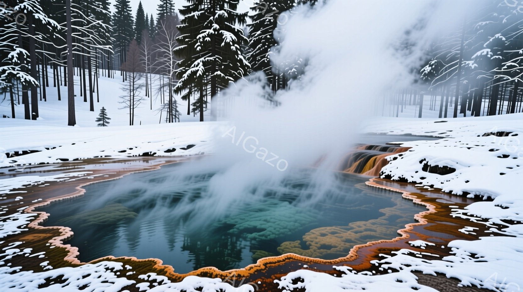 凍てつくような冬の風景の中に、ターコイズブルーの水面とオレンジ色の縁を持つ温泉が広がっている。周囲は雪に覆われ、背景にはうっそうとした針葉樹林が立ち並び、湯気が立ち上って幻想的な雰囲気を醸し出している。水面には緑色の藻のようなものが確認でき、自然のコントラストが美しい。