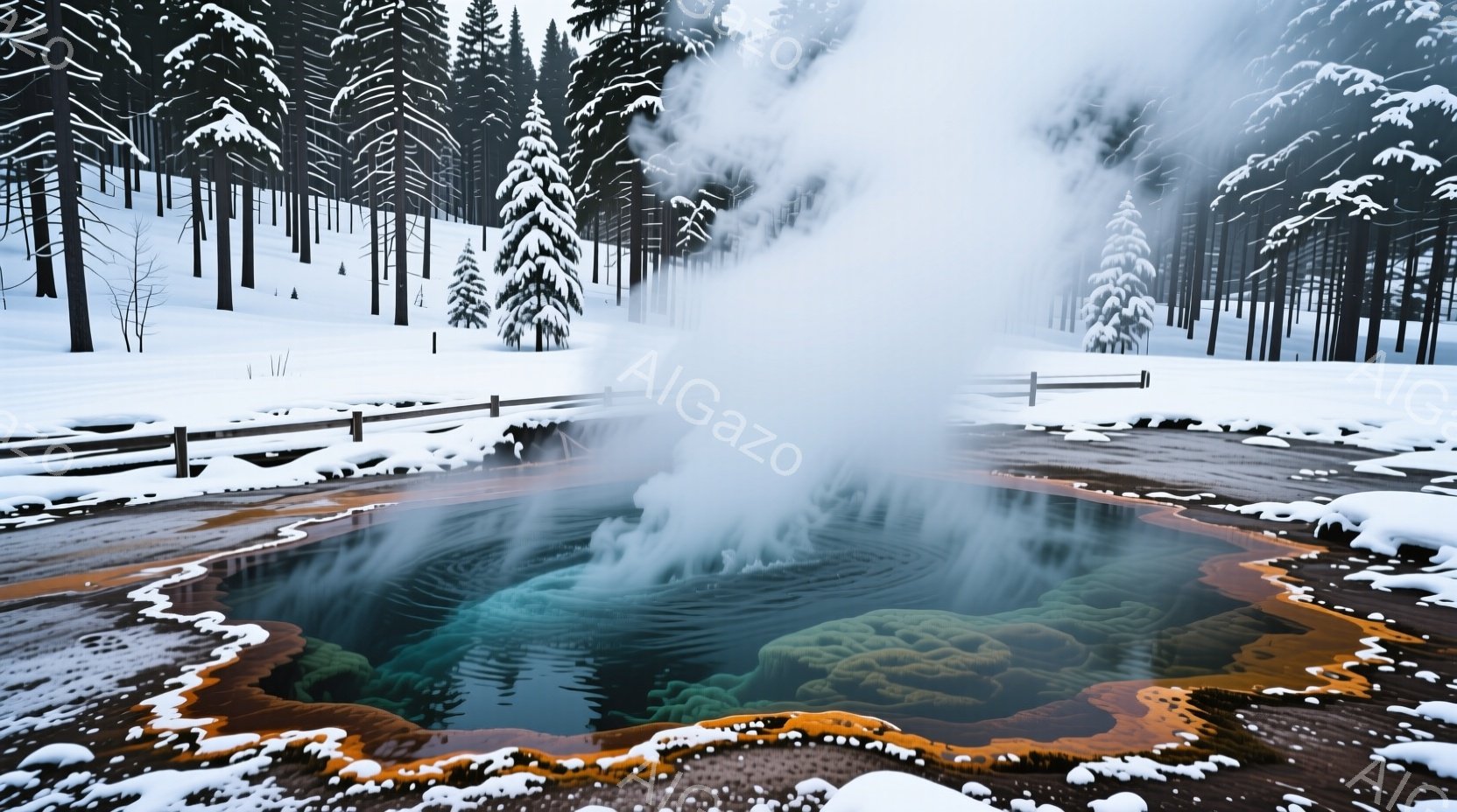 雪に覆われた風景の中に、ターコイズブルーの温泉が広がっており、周囲はオレンジ色や茶色の縁取りが特徴的です。温泉からは湯気が立ち上り、冷たい空気と対照的で、神秘的な雰囲気を醸し出しています。背景には雪を - AI生成フリー素材