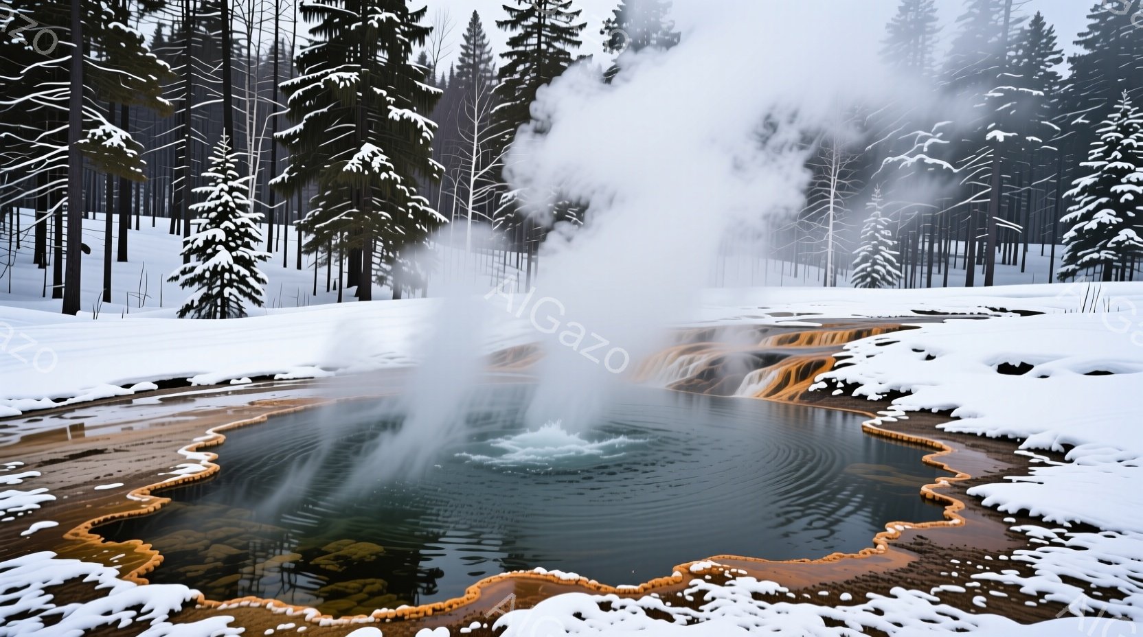 雪に覆われた風景の中に、緑色とオレンジ色の縁取りを持つ熱水泉が広がっています。泉からは湯気が立ち上り、水面には波紋が広がっており、周囲の雪景色と対照的な鮮やかな色彩が印象的です。背景には雪を抱いた針葉 - AI生成フリー素材