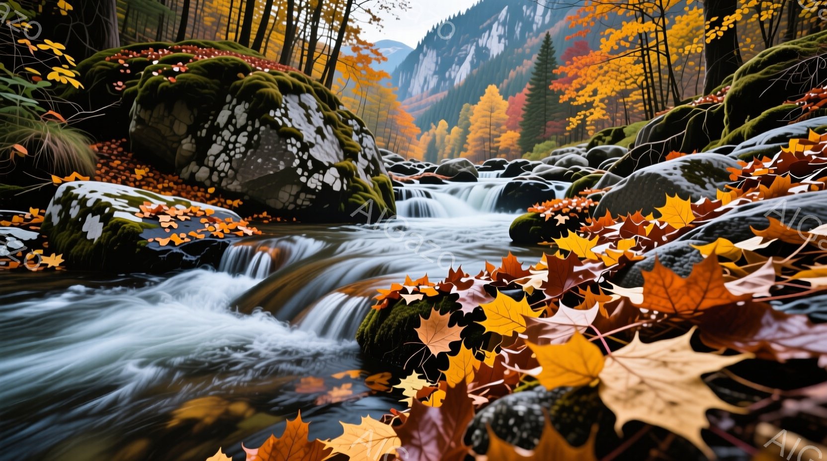鮮やかな紅葉に染まる森林を背景に、岩の間を流れる水の流れが描かれている。苔むした岩肌と、流れ落ちる水のコントラストが美しく、秋の静けさと生命力を感じさせる風景だ。明るい日差しが木々の葉を照らし、暖かく穏やかな雰囲気を醸し出している。