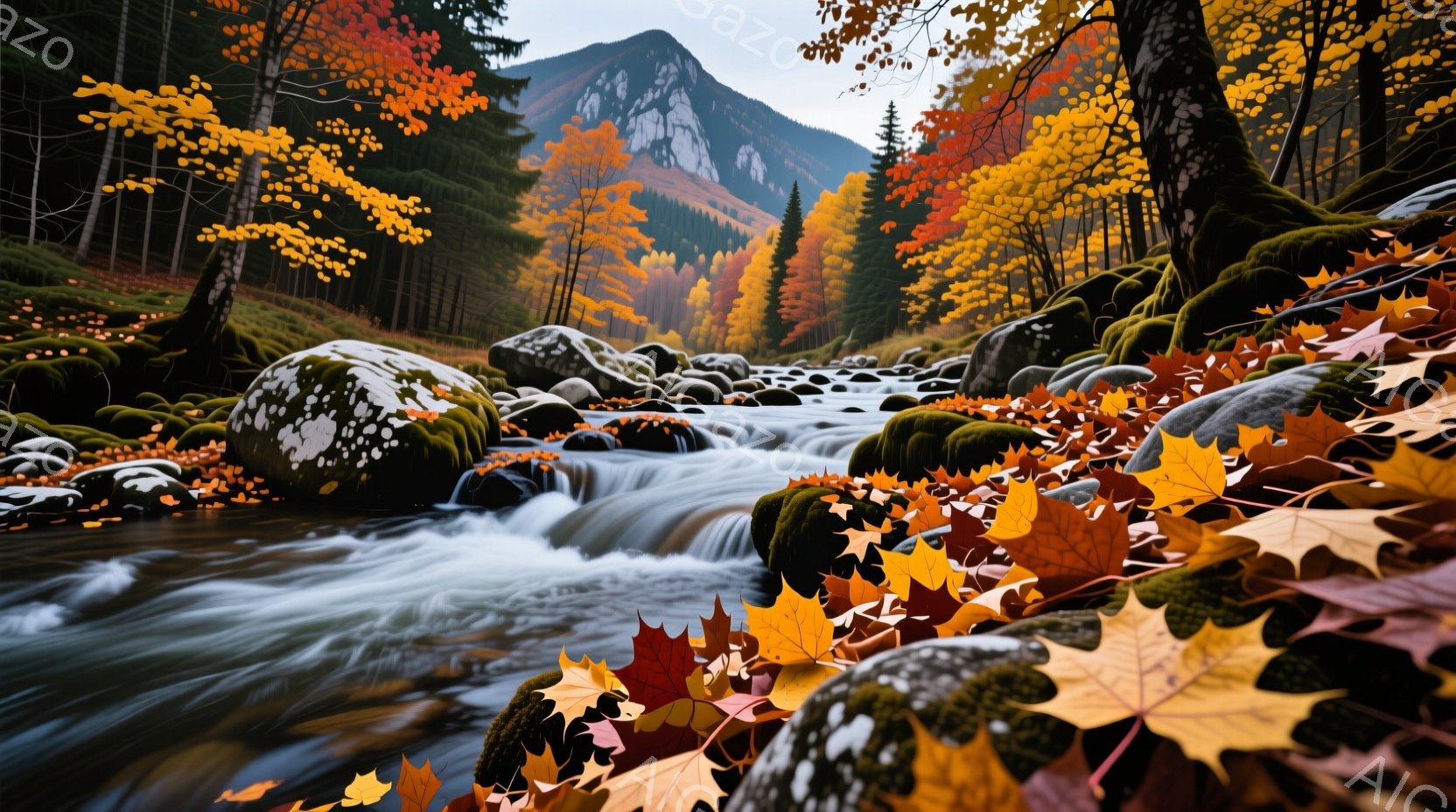 鮮やかな紅葉に彩られた山間の渓流が印象的な風景です。岩肌を流れ落ちる水の流れは力強く、周囲の木々や落ち葉と調和し、秋の深まりを感じさせます。背景には山々がそびえ立ち、自然の美しさを際立たせています。 - AI生成フリー素材
