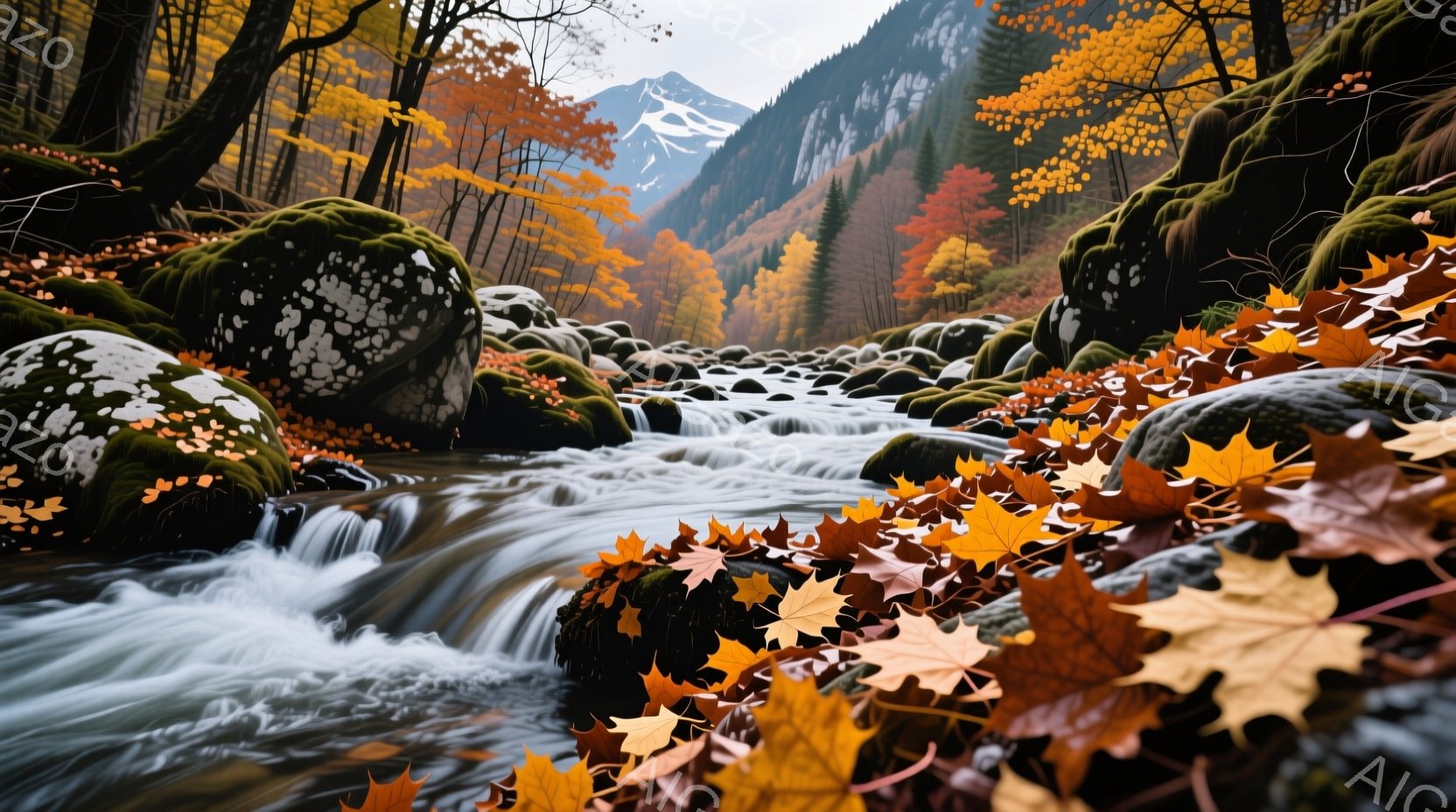 岩が多く、水が流れ落ちる秋の風景が描かれている。鮮やかな紅葉の葉が水辺の岩や地面を覆い、背景には緑豊かな山々がそびえ立っている。全体的に静かで穏やかな、秋の深まりを感じさせる雰囲気である。