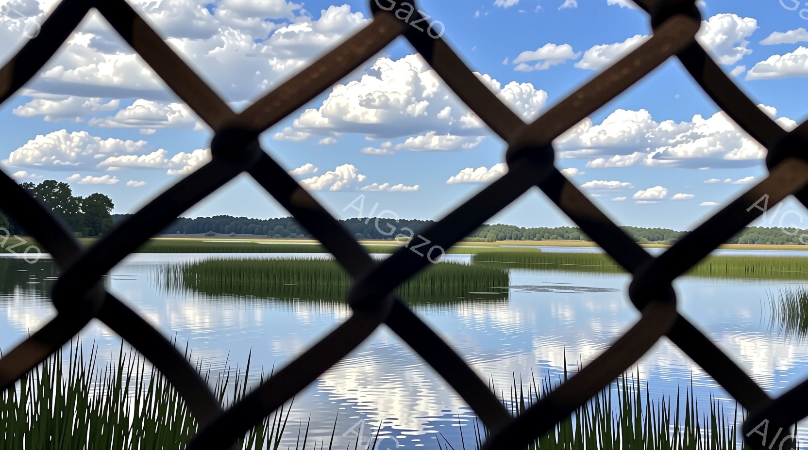 黒い金属製の柵越しに、穏やかな湖と緑豊かな岸辺が広がっている。晴れた空には白い雲が浮かび、湖面にはその姿が反射して美しい光景を作り出している。自然豊かな風景が、静けさと安らぎを感じさせる。