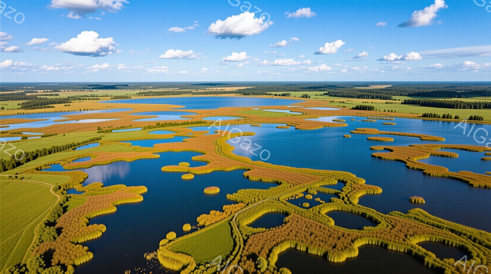 広大な湿地帯が広がり、青い水面には無数の小さな島や植生が点在している。緑色の牧草地と水路が入り組み、遠くには森林が広がっており、晴天の空には白い雲が浮かんでいる。全体的に静かで穏やかな自然の風景で、平和な雰囲気が漂っている。