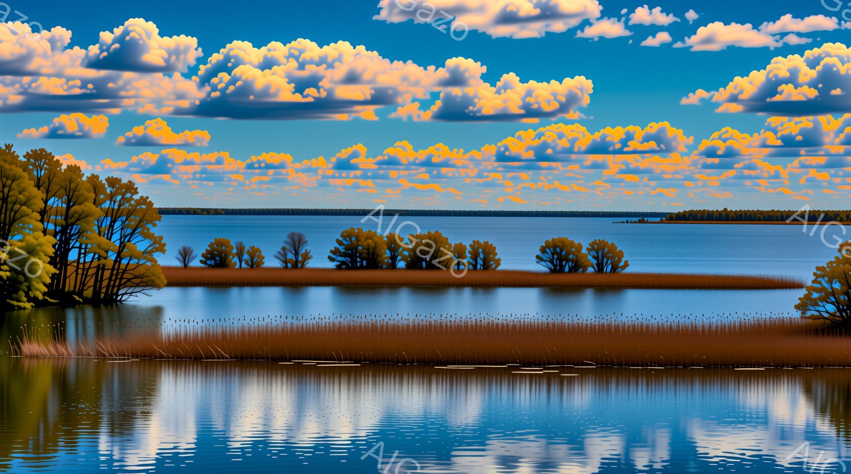 広大な水面が空と一体となり、その鏡面には周囲の草が生い茂る岸辺と遠くの森林が映り込んでいる。空にはオレンジ色と白の鮮やかな雲が広がり、穏やかで静謐な雰囲気を醸し出している。岸辺の草は秋の色彩を帯び、水面とのコントラストが美しい景観を作り出している。