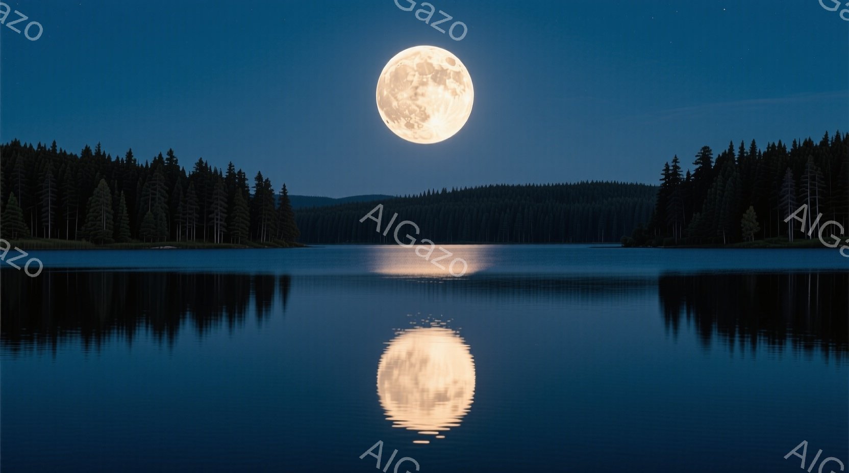 静かな湖面に満月が完璧に反射され、その光が水面を黄金色に染めている。背景には深い緑色の針葉樹林が連なり、夜空とのコントラストが美しい。全体的に穏やかで神秘的な雰囲気が漂い、自然の静寂と月の輝きが調和している。