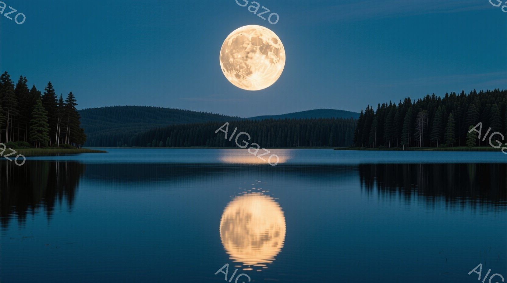 静かな湖面に満月が大きく反射し、その光が水面を金色に染めている。周囲には暗緑色の針葉樹林が広がり、遠くの山々がシルエットとなって見える。全体的に静寂と神秘的な雰囲気が漂い、自然の美しさを強調した光景で - AI生成フリー素材