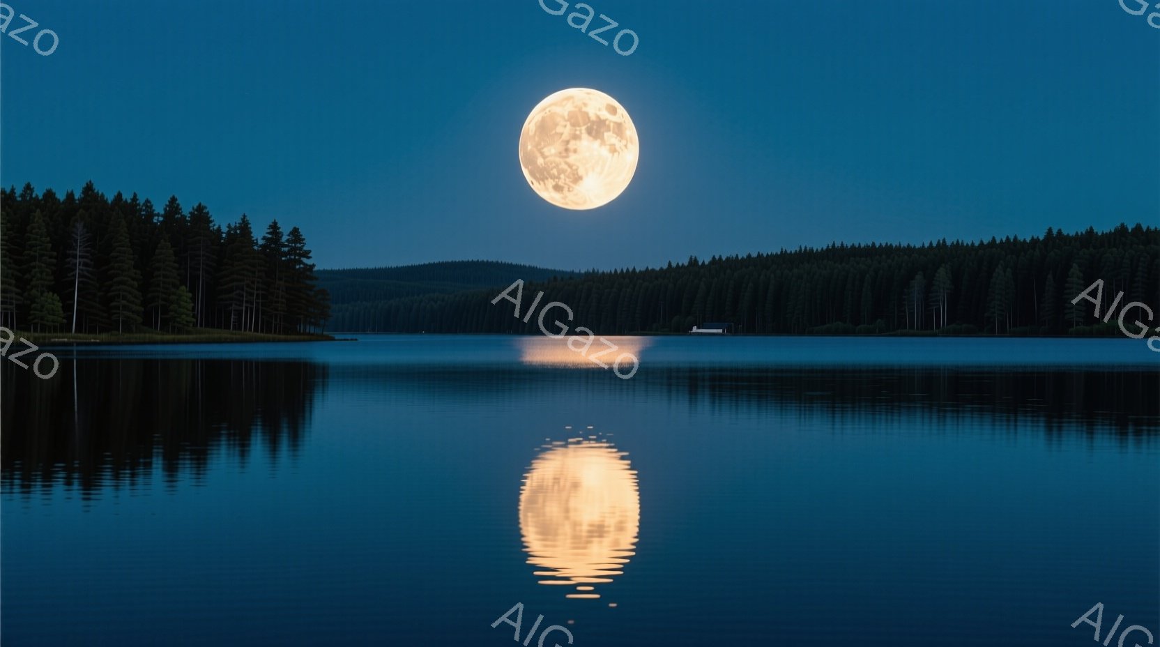 静かな湖面に満月が大きく映り込み、その光が水面を黄金色に染めている。背景には深い緑色の針葉樹林が広がり、夜の静寂と自然の美しさを強調している。全体的に穏やかで神秘的な雰囲気が漂い、満月の輝きが幻想的な - AI生成フリー素材