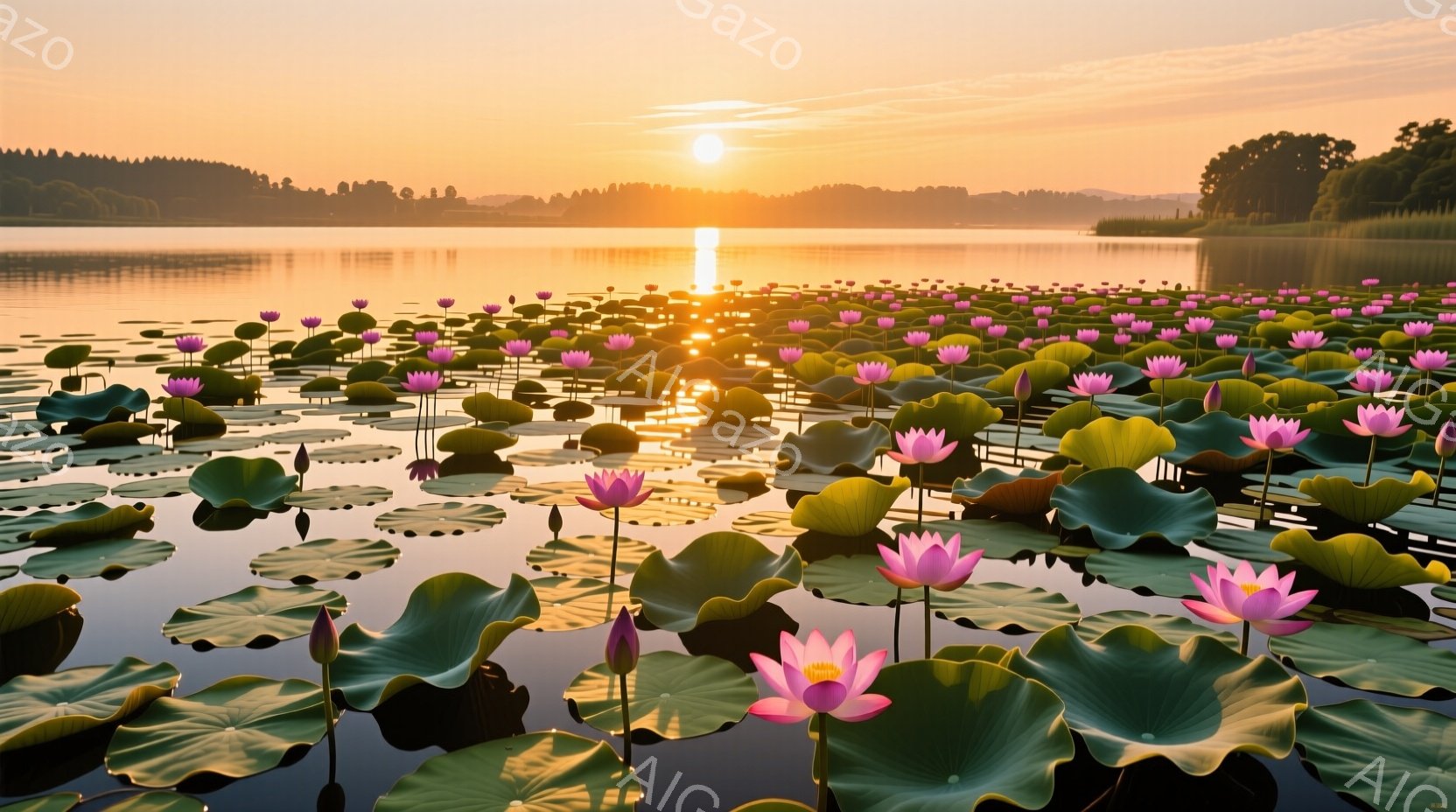広大な水面に無数の蓮の花と葉が咲き乱れ、朝日の光を浴びて輝いている。水面は穏やかで、蓮の花びらのピンクと緑の葉のコントラストが美しく、静寂と穏やかさの雰囲気を醸し出している。遠景には緑豊かな木々が見え - AI生成フリー素材