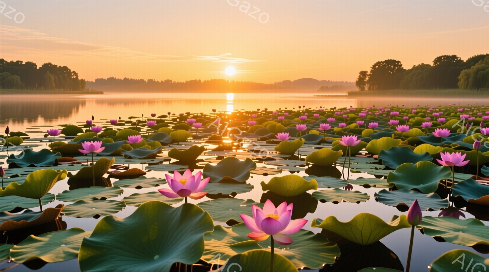 広大な水面に無数の蓮の花が咲き誇り、緑の葉とピンクの花びらが鮮やかなコントラストを描いています。夕焼けの光が水面を照らし、蓮の花全体を黄金色に染め上げ、穏やかで幻想的な雰囲気を醸し出しています。背景に - AI生成フリー素材