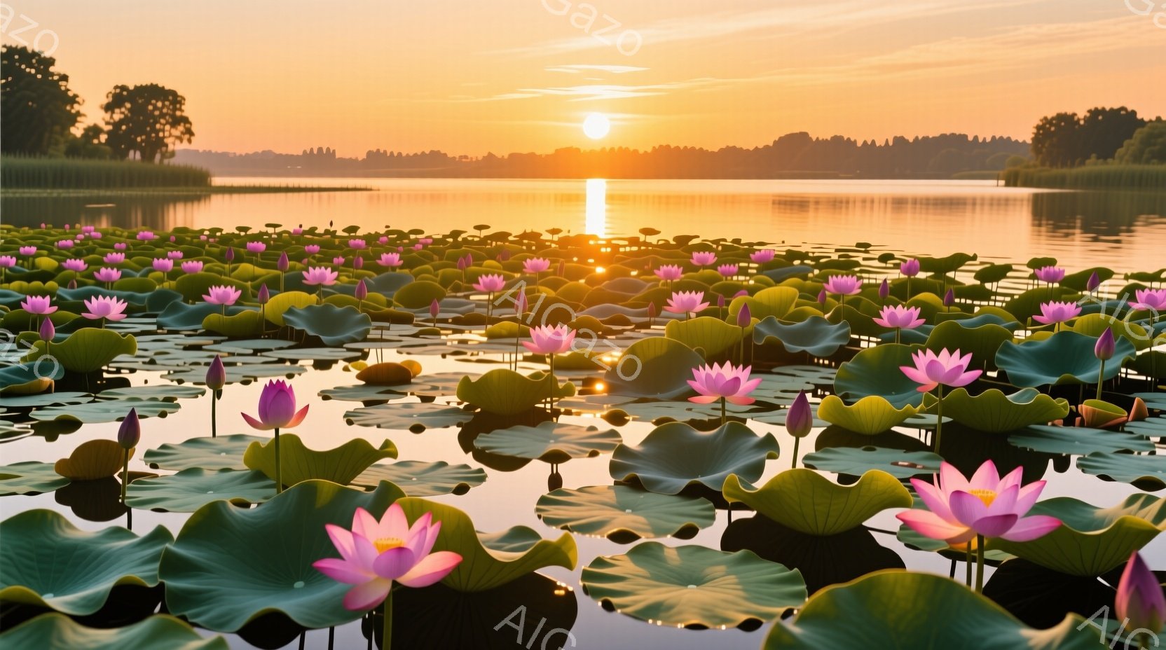 広大な水面にピンク色の蓮の花が密集して咲き乱れ、緑の大きな葉と美しいコントラストを描いています。夕暮れ時の太陽が水面を照らし、オレンジ色や黄色の光が蓮の花びらや葉に反射し、幻想的な雰囲気を醸し出してい - AI生成フリー素材