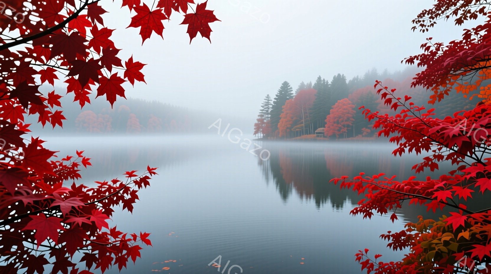 湖面は静かで、霧に包まれた秋の風景が広がっている。背景には赤や黄色の葉が茂る木々が並び、湖面にその姿を映し出している。全体的に落ち着いた雰囲気で、静寂と秋の美しさが感じられる。