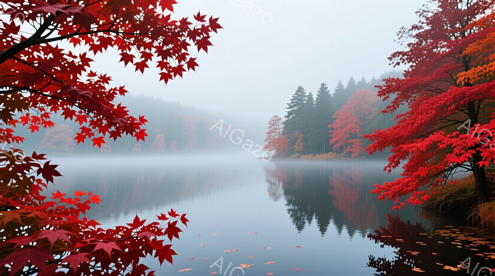 湖は静かで、水面に周囲の木々が鮮やかに映り込んでいる。秋の紅葉が湖畔を彩り、特に前景の楓は燃えるように赤く、水面に落ちた葉も点在している。背景には薄い霧がかかり、穏やかで物静かな秋の風景が広がっている - AI生成フリー素材
