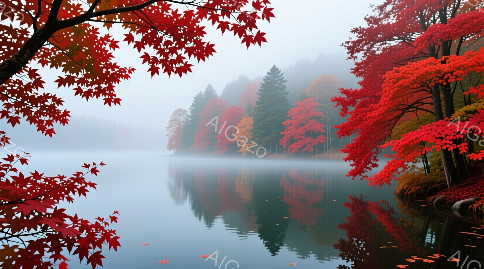 鮮やかな紅葉に囲まれた湖が描かれており、水面には周囲の木々の鮮やかな色彩が映り込んでいる。湖面は穏やかで、木々の葉がわずかに浮かび、秋の静寂と美しさを強調している。背景には霧がかかった山並みがぼんやり - AI生成フリー素材