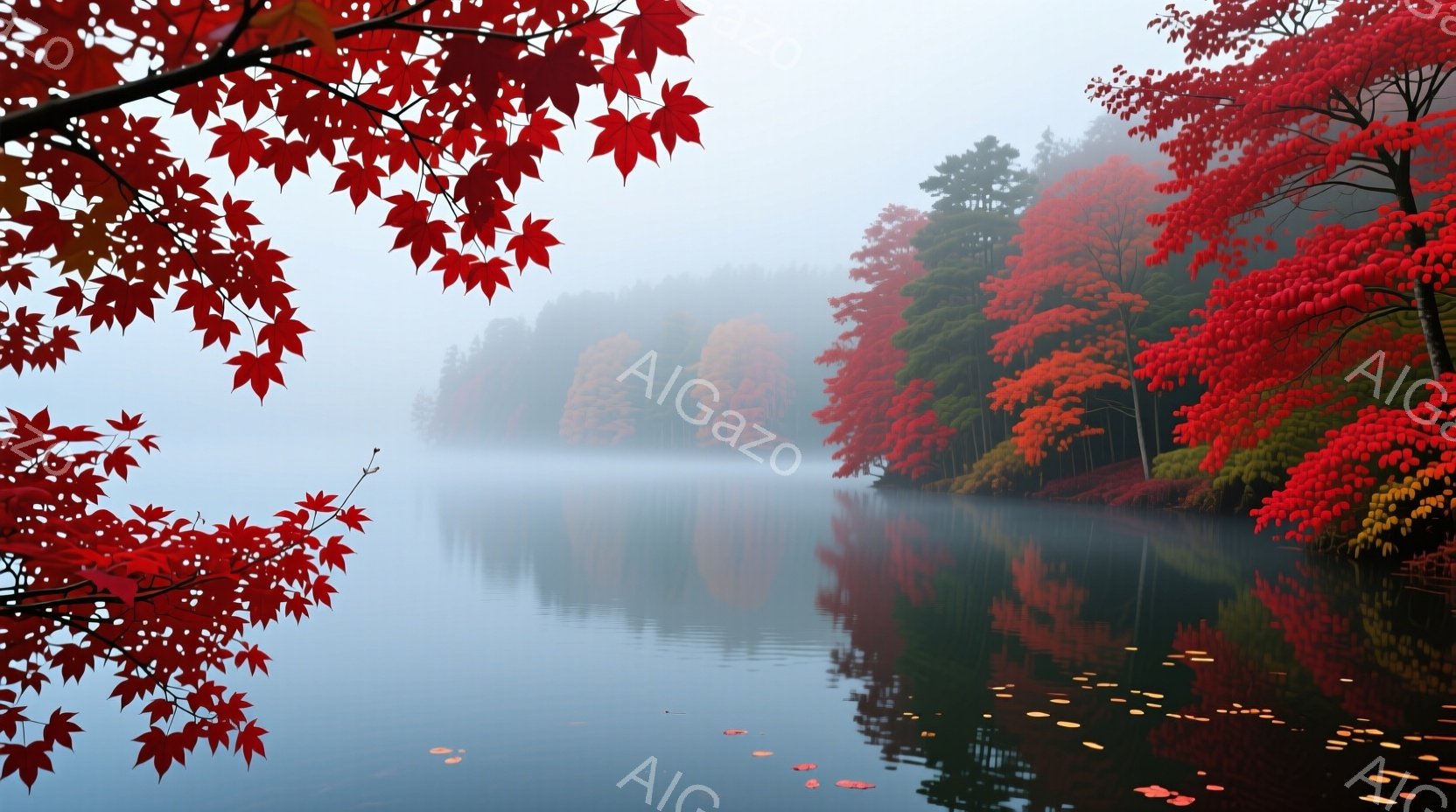 鮮やかな紅葉が水面に映り込み、静かで幻想的な雰囲気を醸し出しています。湖は穏やかで、水面には落ち葉が点在し、周囲の山々は霧に包まれて神秘的な印象を与えます。紅葉の赤と湖の青のコントラストが美しく、秋の - AI生成フリー素材