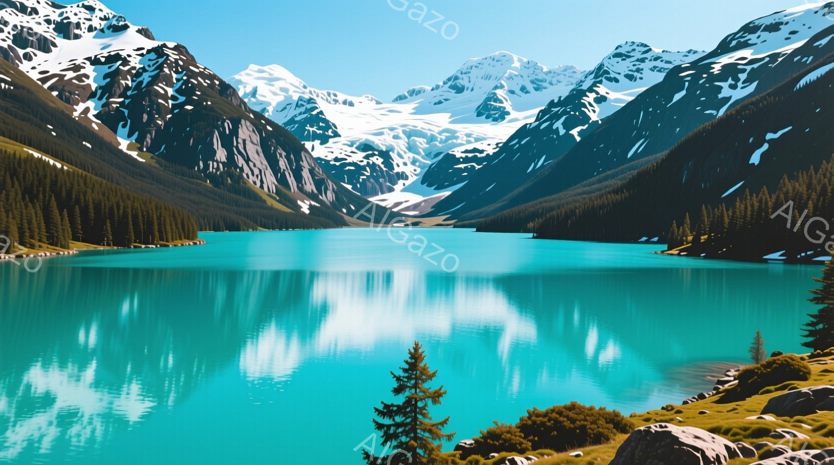 雄大な山々に囲まれたターコイズブルーの湖が印象的な風景です。湖面は穏やかで、周囲の山々や緑豊かな植生を完璧に映し出しています。晴天の下、自然の静寂と美しさが感じられる、息を呑むような景色です。 - AI生成フリー素材