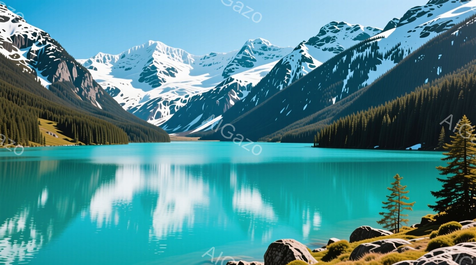 澄んだターコイズブルーの湖が、雪を抱いた雄大な山々を鏡のように映し出している。湖岸には岩が点在し、手前の緑の木がアクセントになっている。晴天の下、静寂と壮大さが感じられる、自然豊かな風景である。