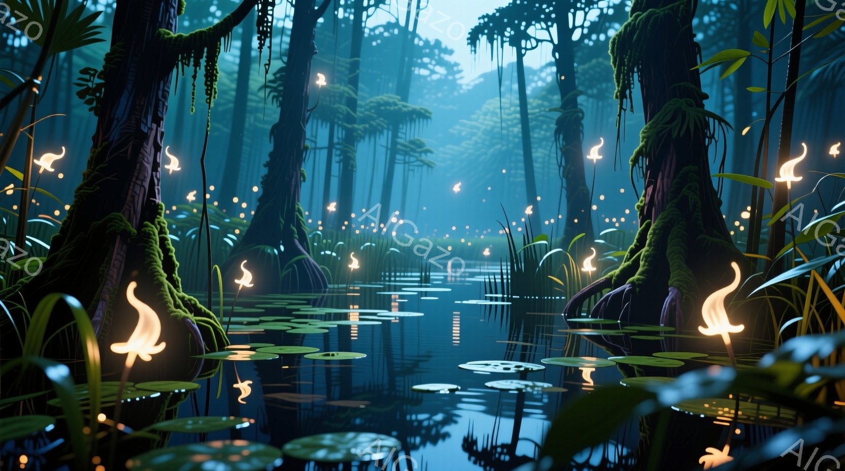 湿地帯の深い森が描かれており、ねじれた根を持つ巨大な木々が水面から生えている。水面には緑の睡蓮が散らばり、周囲を多くの発光する光が漂っている様子は幻想的で、神秘的な雰囲気を醸し出している。水面は穏やかで鏡のようであり、木々や光を反射して、静寂と自然の美しさを強調している。