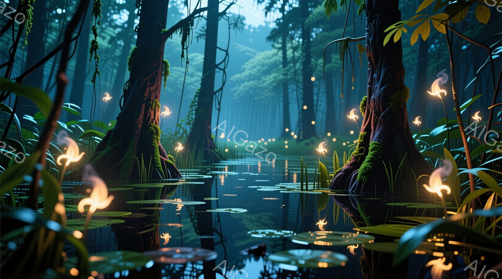 湿地帯の奥深く、苔むした根を持つ巨大な木々が生い茂り、水面には睡蓮が点在している。水面と木々の間には、まるで精霊のような光る植物が漂い、幻想的な雰囲気を醸し出している。全体的に青と緑を基調とした色彩で、静寂と神秘的な雰囲気が漂う。