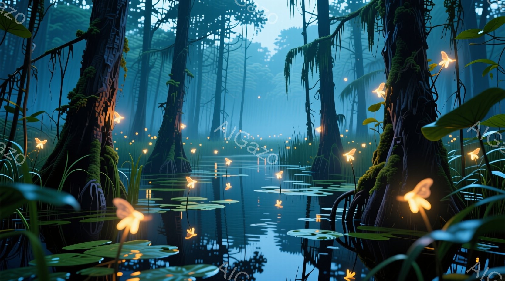 鬱蒼とした沼地が広がっており、苔むした木々が水面に反射して幻想的な光景を作り出している。水面には、オレンジ色の光を放つ蝶のようなものが漂い、水草や睡蓮の葉と混ざり合い、神秘的な雰囲気を醸し出している。全体的に薄暗く、霧がかった背景が、静寂と不思議な感覚を強調している。
