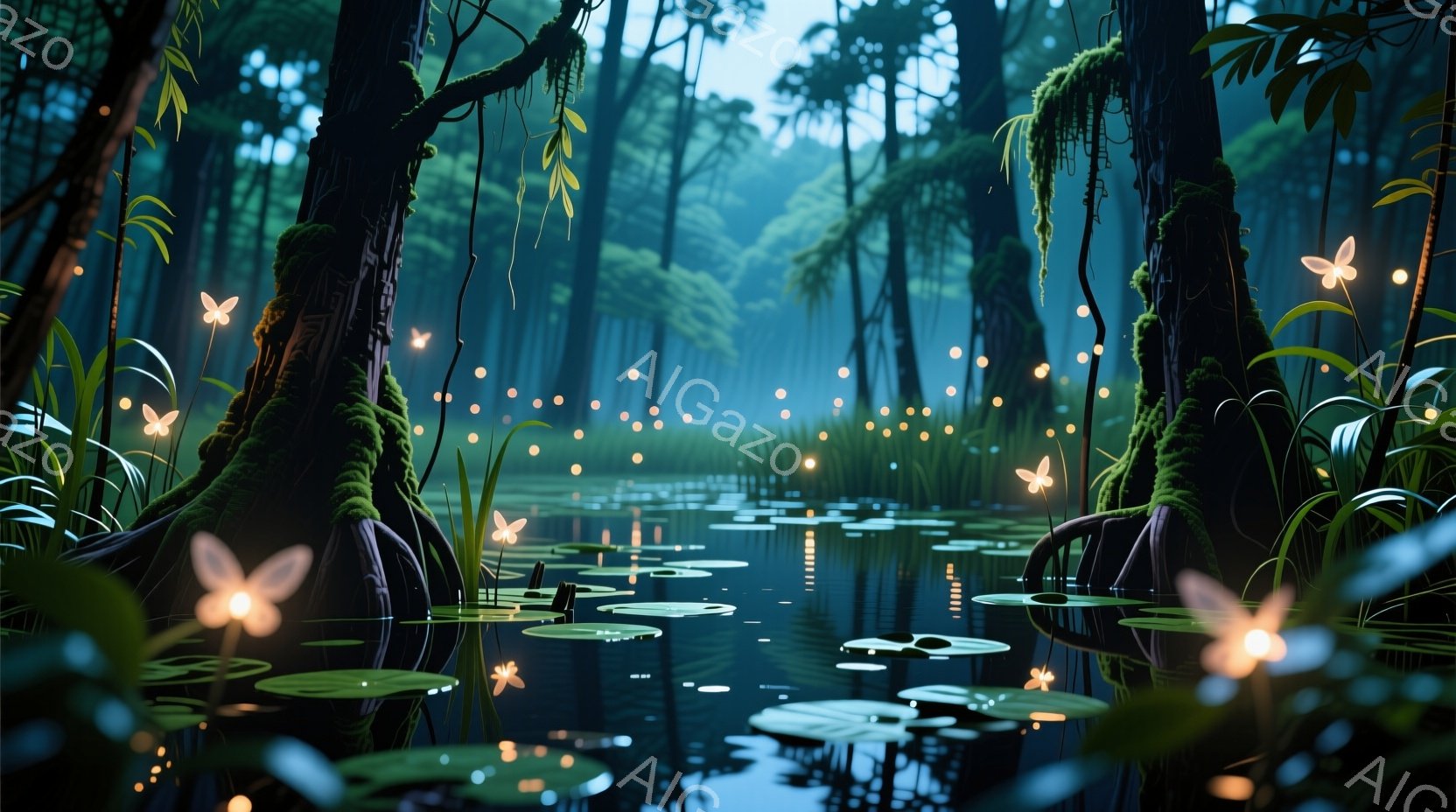 深い緑に覆われた沼地が描かれており、水面には睡蓮の葉が浮かび、光る蝶のようなものが舞っている。根元が苔むした木々が沼地の水に浸かり、その周囲には様々な水生植物が生い茂り、幻想的な雰囲気を醸し出している - AI生成フリー素材