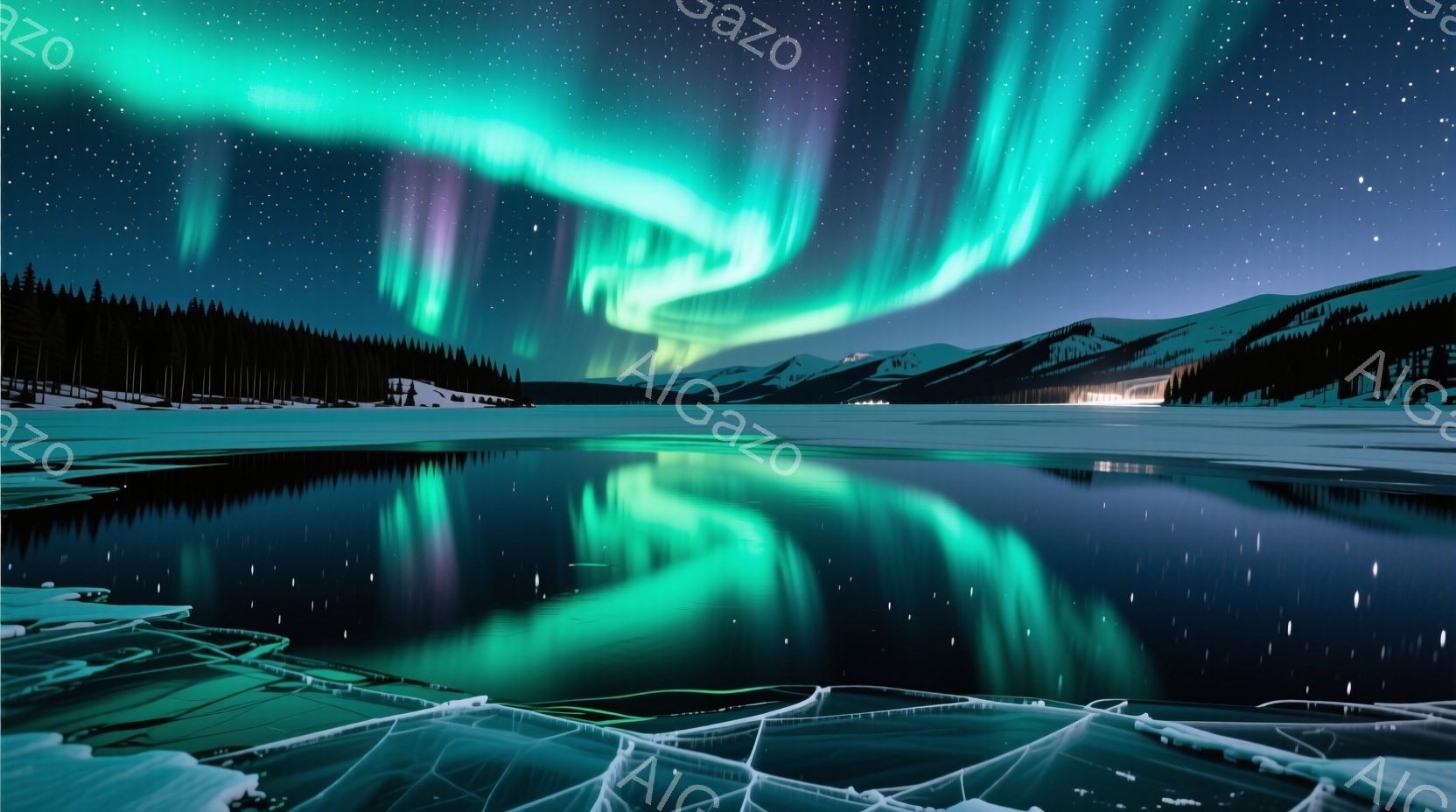 凍てつく湖面が、オーロラの緑と紫の輝きを映し出している。遠景には雪を頂いた山々と暗緑の針葉樹林が広がり、夜空には無数の星が瞬いている。全体的に静寂で神秘的な雰囲気が漂い、冬の夜の自然の美しさを際立たせている。