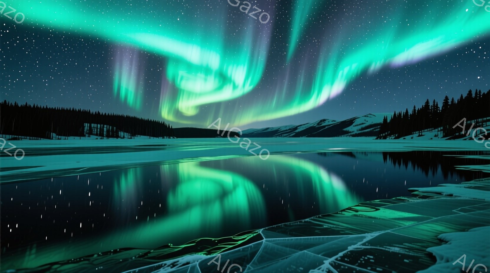 広大な氷の湖面が、緑と紫に輝くオーロラを映し出している。遠景には針葉樹林が連なり、星空が暗い夜空を彩る静寂な光景だ。氷の割れ目と反射が織りなす幻想的な雰囲気は、寒さと美しさの両方を表現している。 - AI生成フリー素材