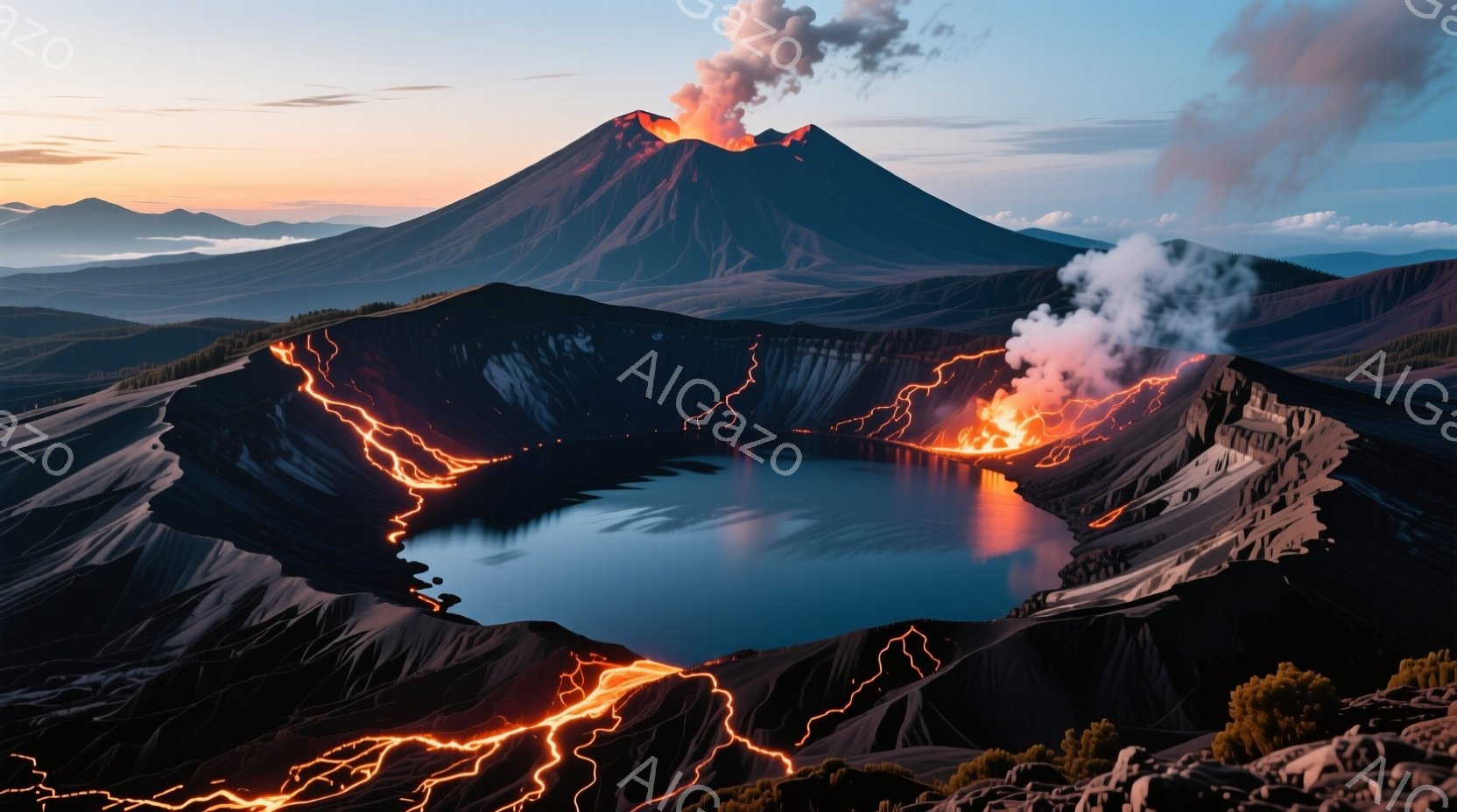 巨大な火山のクレーター湖が、溶岩のような赤い光を放ちながら広がっている。背景には、煙を上げながら噴火する活火山と、遠くに見える山々が連なっている。全体的に、自然の力強さと神秘的な雰囲気が漂う風景である - AI生成フリー素材