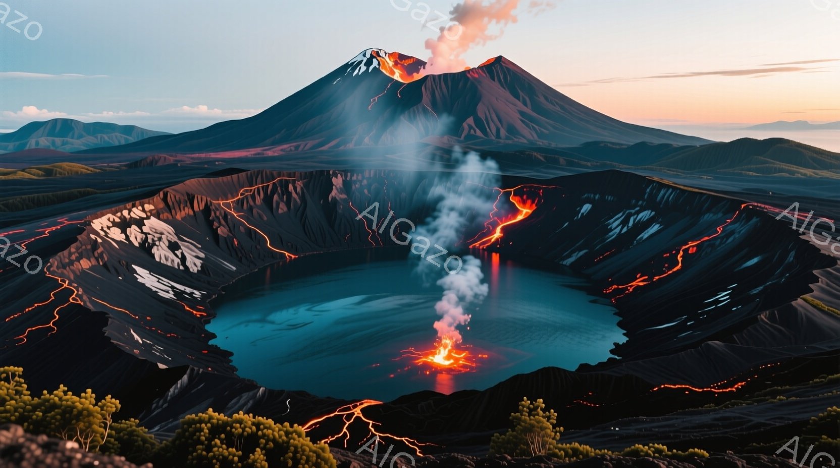 溶岩が光る巨大な火口湖が印象的な一枚です。深い青色の湖面は、赤く燃える溶岩と対照的に、神秘的な雰囲気を醸し出しています。背景には、遠くに見える山々と、夕焼けのような空が広がり、壮大な自然の力強さを感じさせます。