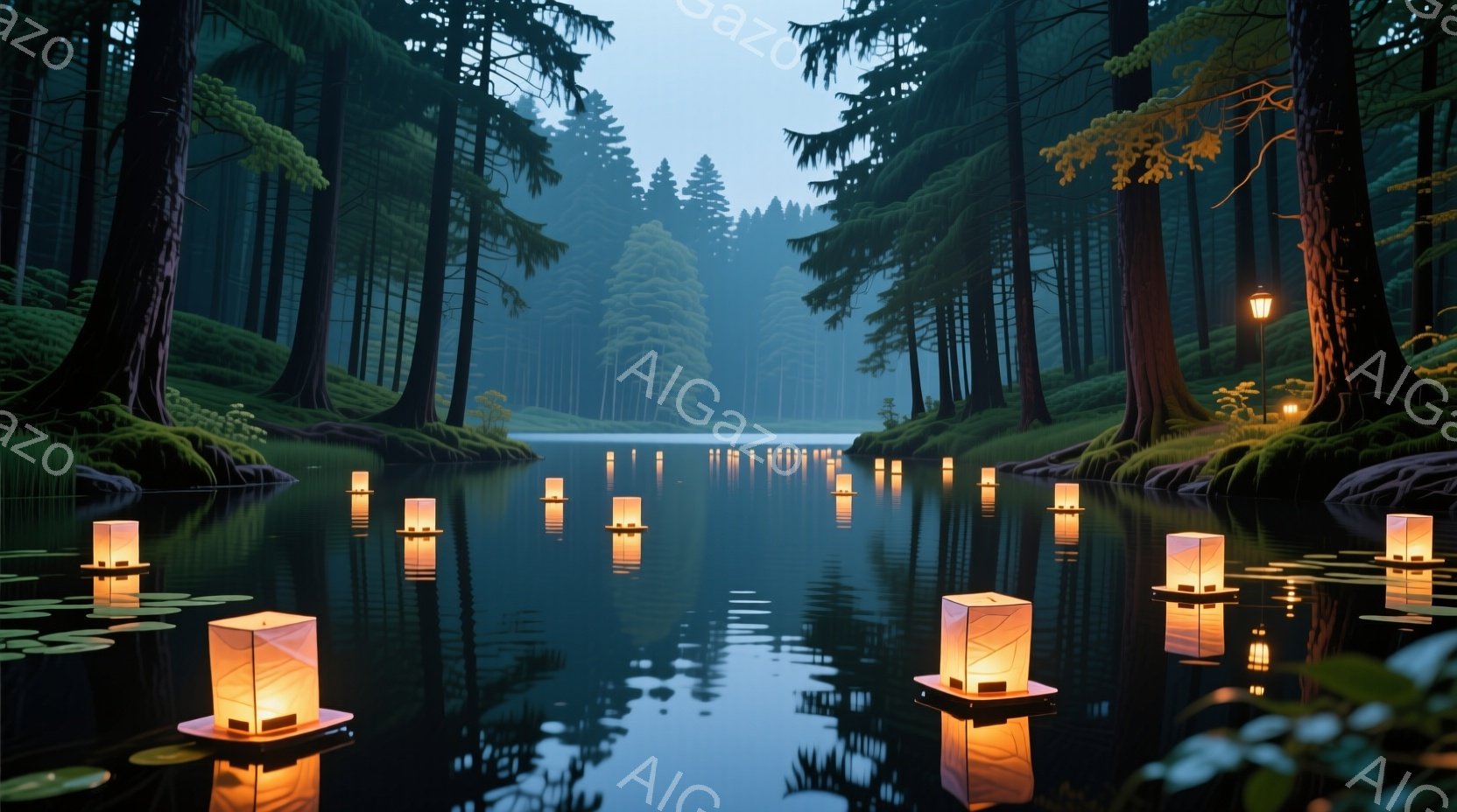 静かな湖面に無数の灯籠が水面に浮かび、その光が水面に反射して幻想的な光景を作り出している。周囲は鬱蒼とした緑の木々に囲まれ、遠くには霧のかかった山々が見える、神秘的な雰囲気が漂う場所だ。全体的に静寂で - AI生成フリー素材