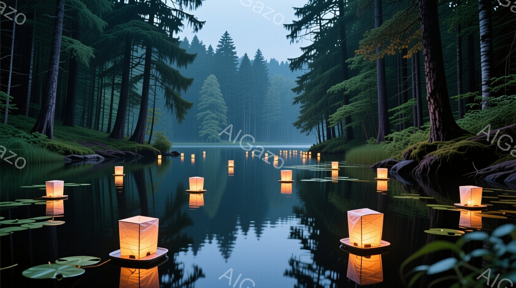 静かな湖面に無数の灯籠が浮かび、水面にはその温かい光が反射して幻想的な光景を作り出している。湖の周囲は鬱蒼とした緑の木々に囲まれ、薄暗い光が木々の間から差し込み、神秘的な雰囲気を醸し出している。全体と - AI生成フリー素材