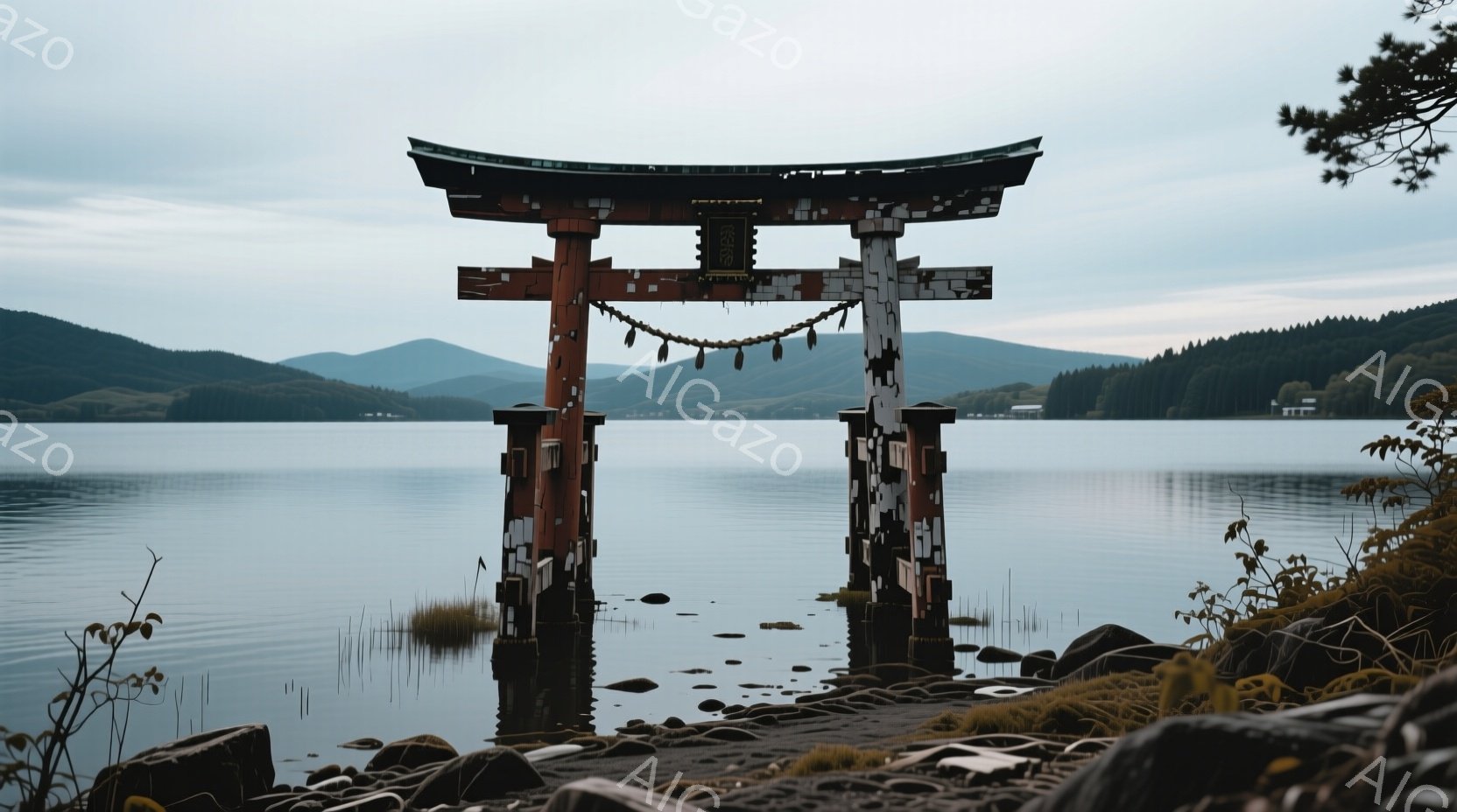湖に立つ朱色の鳥居が印象的な光景です。鳥居は古びており、所々に剥がれが見られますが、水面に映る姿は荘厳で、静寂な湖畔の風景と調和しています。背景には緑豊かな山々が連なり、曇天の下、どこか寂しげで物憂げな雰囲気を醸し出しています。