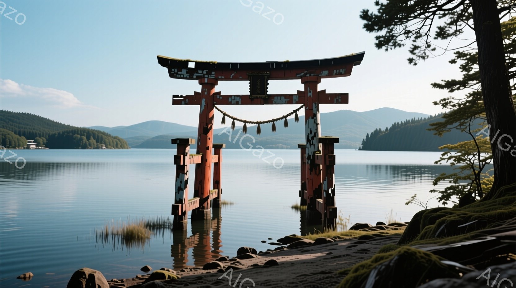 朱色の鳥居が湖の中にそびえ立ち、水面にその姿を映し出しています。背景には緑豊かな山々が連なり、穏やかな水面と合わせて静寂で神秘的な雰囲気を醸し出しています。岸辺には苔むした岩が点在し、自然の美しさを強 - AI生成フリー素材